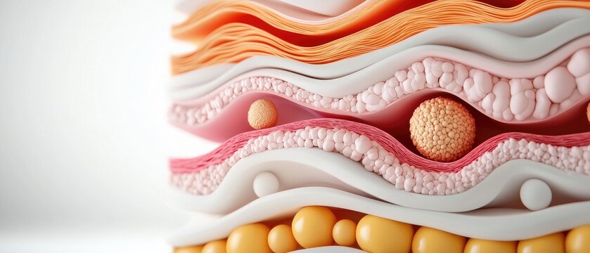 Colorful layers representing human skin structure, showcasing fat and connective tissues in a detailed and vibrant manner.
