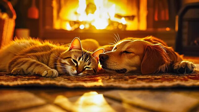 A fluffy orange cat and a golden retriever rest by the fireplace, basking in the warm evening glow. The tranquil scene captures the essence of comfort and friendship on a cozy night in an American