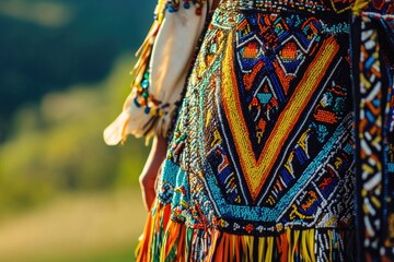 closeup on beadwork on traditional Native American dress. craftsmanship, symbols, cultural heritage
