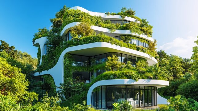 Sustainable green building environmentally friendly buildings Future green business idea Environmental sustainability goals in 2050. White building shape amidst pristine nature.