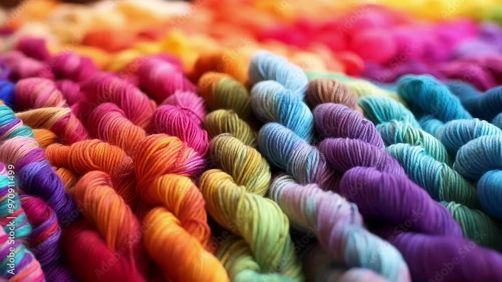 Poster many colorful yarn skeins are arranged in a row, creating a vibrant rainbow gradient of colors, perf