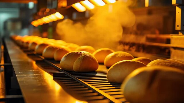 Rows of freshly baked bread rolls move along a conveyor belt in an industrial bakery. The warm light and steam create a cozy atmosphere, showcasing the baking process. The image captures early