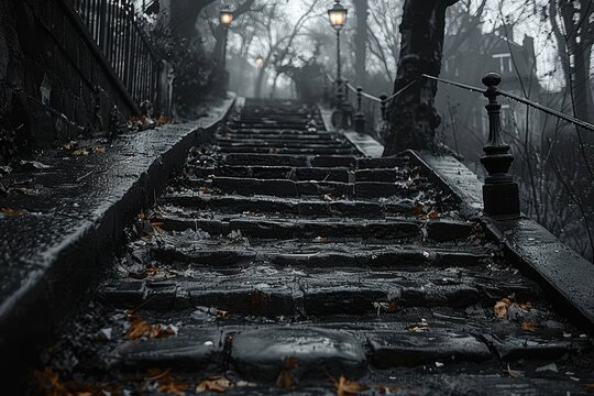Escaleras de la calle mojados durante un d&iacute;a gris. Paseo en el parque. 