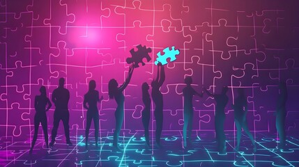 Teamwork Puzzle Solution Neon Glow Abstract