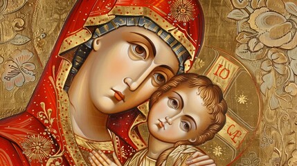 A traditional Orthodox icon of the Virgin Mary and Christ Child, rendered with intricate gold detailing and red robes. Horizontal format illustration.
Concept: mother and child, religious devotion, Or