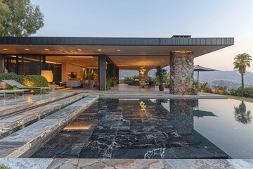 Casa de diseño con un patio exterior con piscina infinita. Casa de una planta con terraza cubierta. 