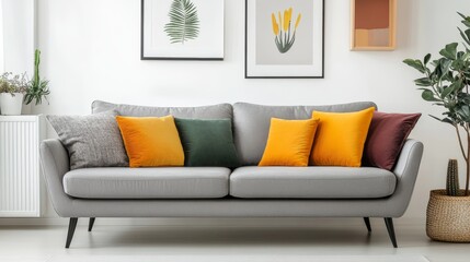 Grey sofa with stylish cushions in modern living room interior
