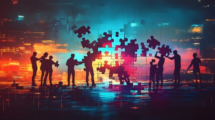 Teamwork Puzzle Solution Night Cityscape