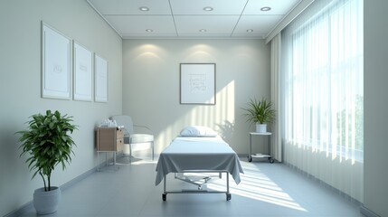 Therapy room empty and a bed for physiotherapy hospital exam or healthcare test. Clinic bedroom medicine and gear and tools in an chiropractic or orthopedic office for a consultation or check