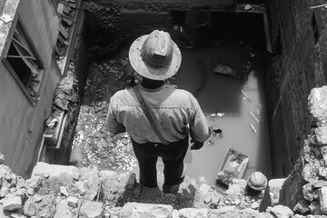 Arqueólogo con sombrero mirando desde alto a una casa abandonada. Imagen en blanco y negro.