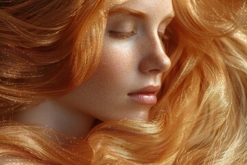 Mujer con pelo largo pelirrojo. Modelo de piel blanca con cejas pelirrojas y pecas en las mejillas. Mujer bella. Recurso gr&aacute;fico, fondo. 