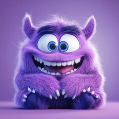 Fototapeta premium Cute and furry purple monster with good character, Big eyes and smile. studio render quality. Cartoon style. 