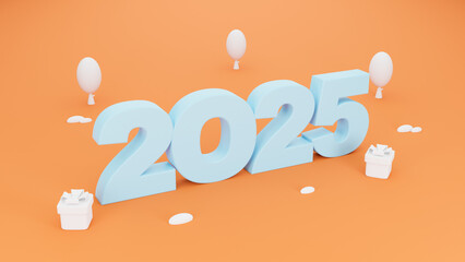 Happy New Year 2025, poster banner of number 2025 and gift box with tree on orange background. 3d rendering