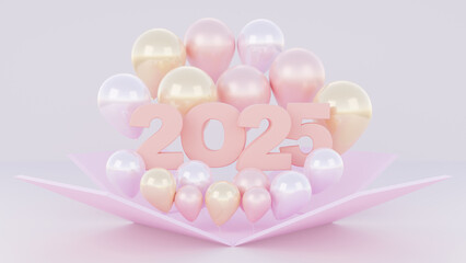 Happy new year 2025, poster banner of open gift box with gold and pink balloons, number 2025 on white background. 3d rendering