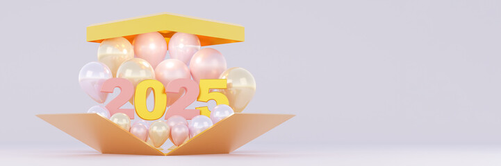 Template for advertising, social, Horizontal website header or banner. Happy New Year 2025 of number 2025 and balloons in gift box on white background. 3d rendering