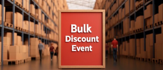 Promotion for bulk discount event with warehouse setting, emphasizing savings for large quantity purchases.