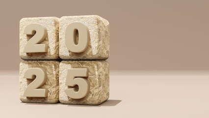 3d rendering. Concept Happy New Year 2025 with cube wood blocks on nude background.