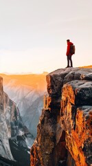 Fototapeta premium Description: Adventurous hiker standing on the edge of a rocky cliff overlooking the Grand Canyon in the morning light hiker on cliff, Grand Canyon view, nature adventure, outdoor exploration