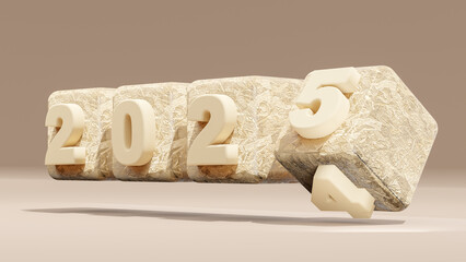 Concept Happy New Year 2025, Transitioning from 2024 to 2025 with wood blocks on nude background. 3d rendering