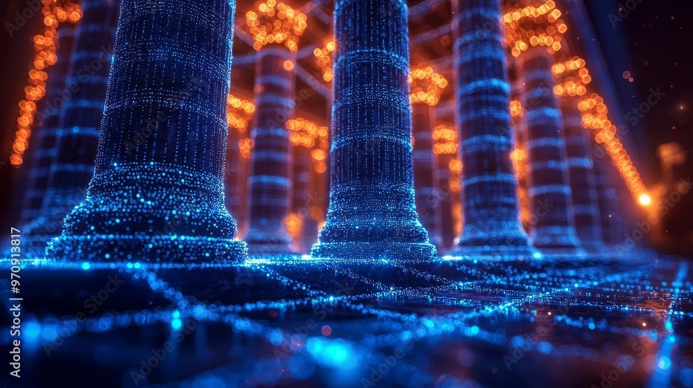 Poster a mesmerizing digital scene featuring glowing pillars and a shimmering floor, creating a captivating