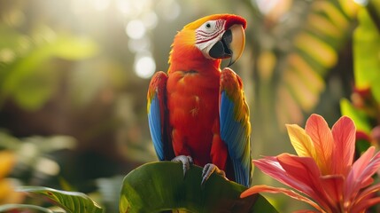 Scarlet Macaw Perched on a Green Leaf with a Vibrant Pink Flower in the Background