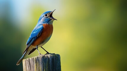Bluebird Singing on a Wooden Post