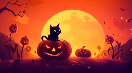 Halloween illustration with pumpkins in a dark forest in cartoon style with funny black cat. Beautiful background for Halloween in red and orange colors