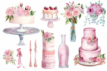 Watercolor illustrations pastel color, icons for clip art of a cake, flowers.A watercolor painting of a wedding cake, vases, candles, flowers