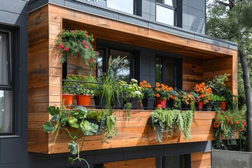 Balcón con acabados de madera lleno de plantas verdes y macetas con flores naranjas. Vivienda en la ciudad de lujo.