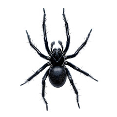 Obraz premium A black spider with eight legs, a large abdomen and tiny eyes is shown in a macro photo against a dark background.