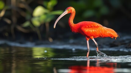 Scarlet Ibis Wading in Shallow Water