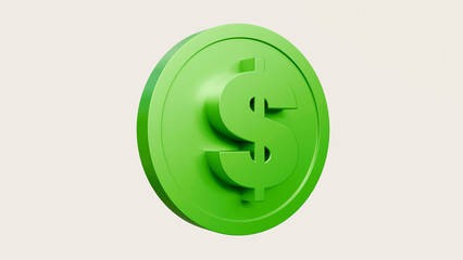 3d rendering of a dollar green coin on white background. Green coin dollar us currency money icon sign or symbol business and financial exchange on white background.