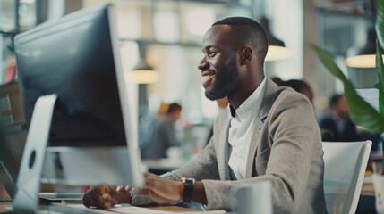 A young man in formal attire at an office desk smiles at a computer screen. Other people around are busy working, creating a dynamic office environment.