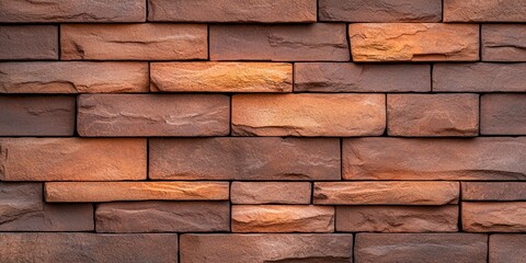 Textured brown stone wall with layered bricks, perfect for backgrounds and architectural designs.