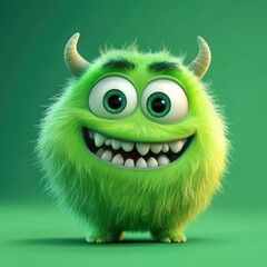 Cute and furry green monster with good character, Big eyes and smile. studio render quality. Cartoon style.
