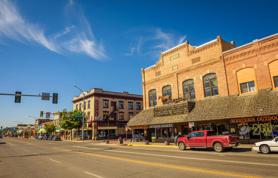 KALISPELL, MONTANA, USA - JULY 5, 2017 : Scenic street view with shops and hotels in Kalispell. Kalispell is the gateway to Glacier National Park.
