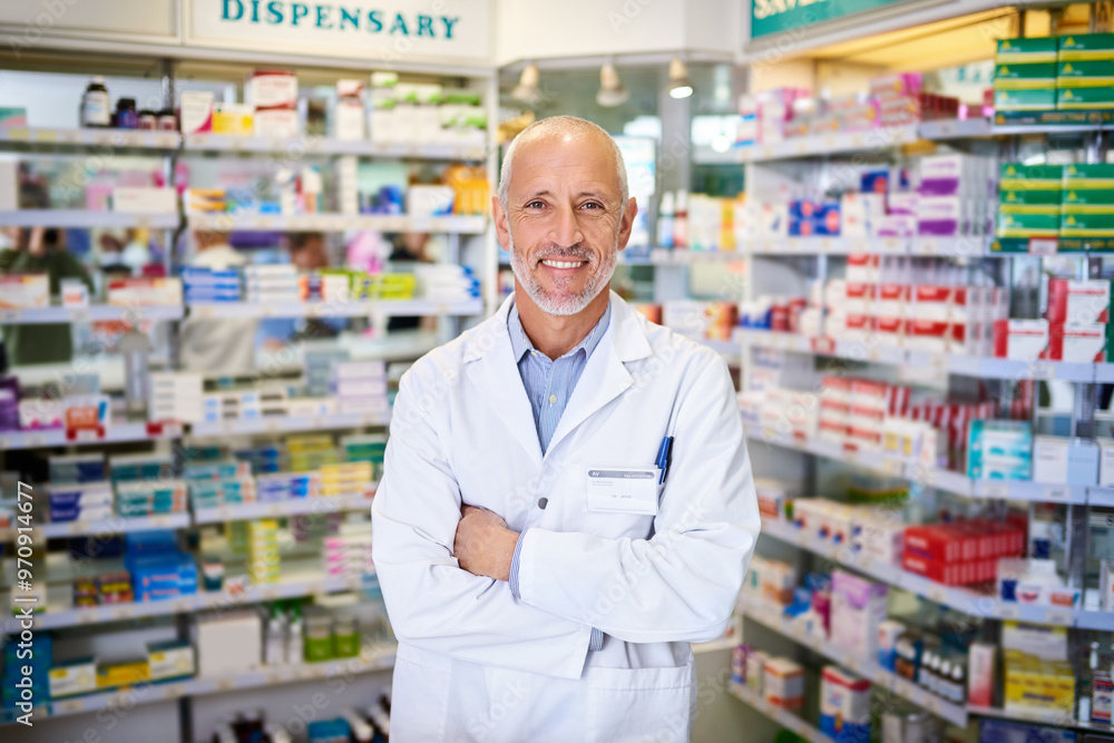 Poster Pharmacist, man and portrait with arms crossed at dispensary for healthcare, medication pr prescription. Pharmacy, happy and mature medical worker with smile for pharmaceutical, service or confidence