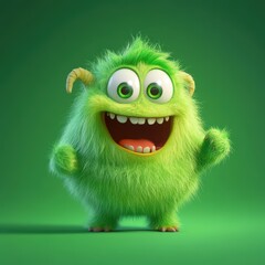 Obraz premium Cute and furry green monster with good character, Big eyes and smile. studio render quality. Cartoon style. 