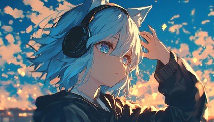 A stunning digital artwork featuring an anime character with blue hair and cat ears, enjoying music at sunset.