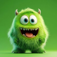 Cute and furry green monster with good character, Big eyes and smile. studio render quality. Cartoon style.
