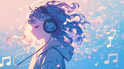A serene moment of a girl enjoying music with headphones, surrounded by musical notes in a dreamy, colorful atmosphere.