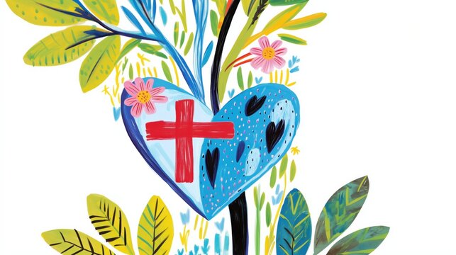 Heart and red cross illustration in vibrant nature design with floral elements