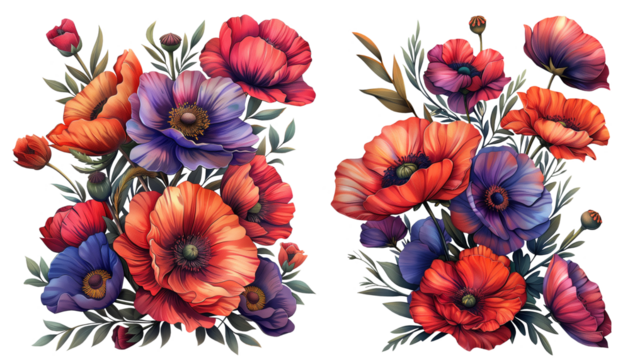 Poppies. Flower clip art with multicolored poppies on a transparent background.
