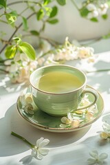 Moringa Flower Tea in Serene Morning Light on white table. A cup of soothing moringa flower tea surrounded by delicate blossoms in soft sunlight