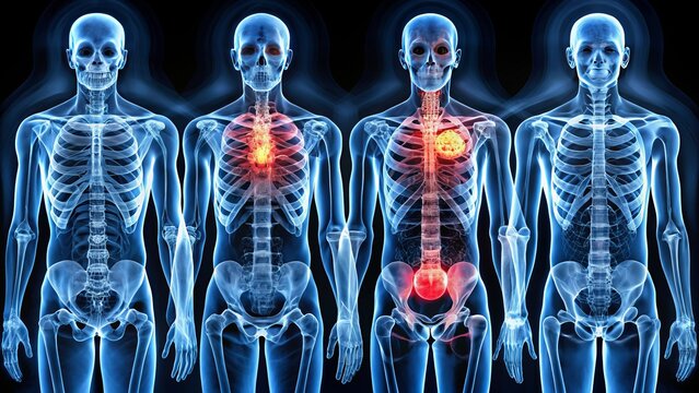 Skeletal radiographs showing multiple metastatic lesions in the axial skeleton likely indicative of prostate cancer progression via skeletal scintigraphy bone scan examination.