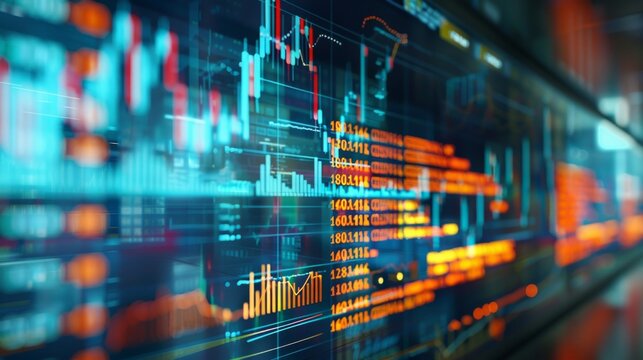 Financial data displayed on a digital screen with bar charts, graphs, and numbers in green, red, and yellow. Blurred images and text enhance visual complexity in a dynamic setting. - Powered by Adobe