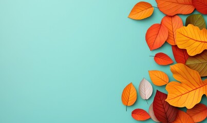 Obraz premium Vibrant autumn leaves in various colors arranged on a turquoise background, creating a lively and warm seasonal atmosphere.
