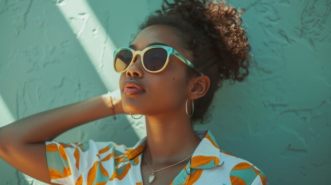 Close-up portrait of a woman on a textured background, with green hues and a contemplative pose. Wearing a floral top and unique accessories, - Powered by Adobe