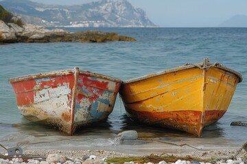 Dos barcas de madera descoloridas en la orilla del mar. Turismo y viaje.