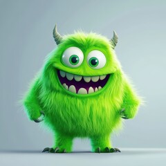 Cute and furry green monster with good character, Big eyes and smile. studio render quality. Cartoon style.
